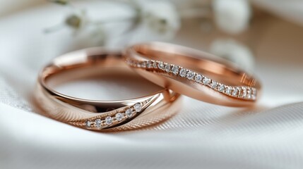 Minimalist rose gold wedding rings on white fabric background, elegant design