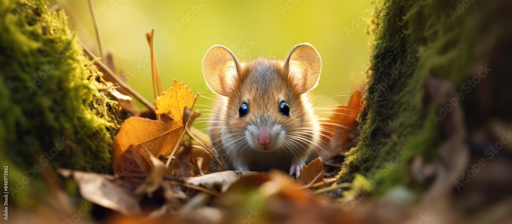 Aufkleber A curious mouse is seen peeking out from a tree in its natural habitat, blending with the foliage and wildlife surroundings. with copy space image. Place for adding text or design