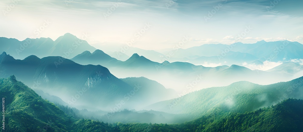 Poster Majestic mountain summits shrouded in fog create a serene summer landscape. with copy space image. Place for adding text or design