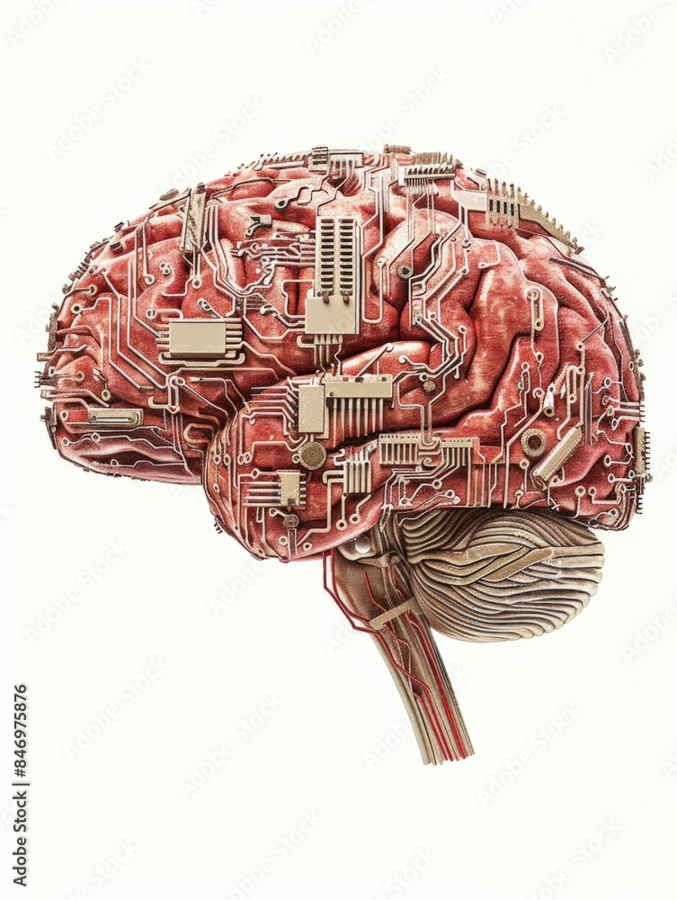 Poster close-up image of electronic components arranged in the shape of a brain on a white background