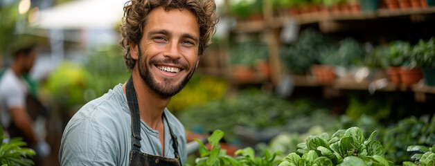 Wide banner image of handsome happy farmer in front of a greenhouse with pretty smile
