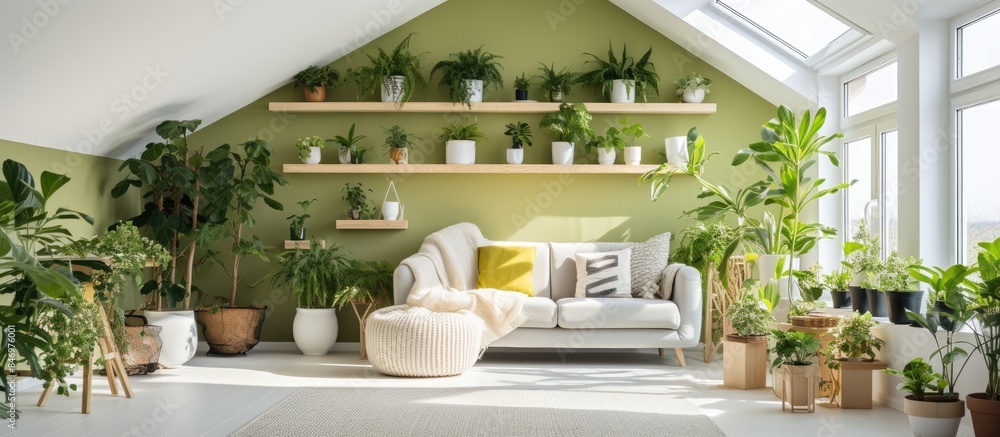 Poster modern, multifunctional flat apartment featuring plants and a cozy living room with a stylish couch 