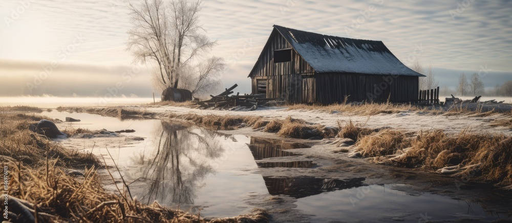 Poster an aged barn is situated in a farm field, with water forming a puddle around it in the countryside. 