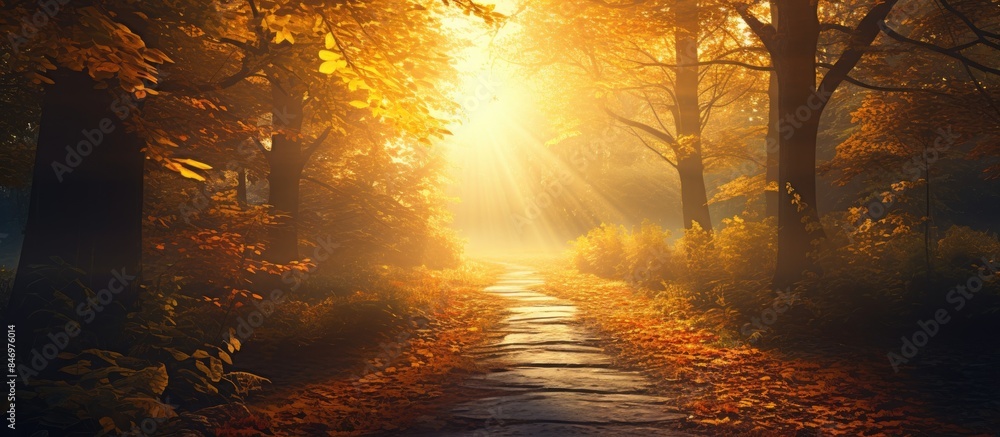 Poster Tranquil trail in the forest illuminated by sunlight filtering through the trees. with copy space image. Place for adding text or design
