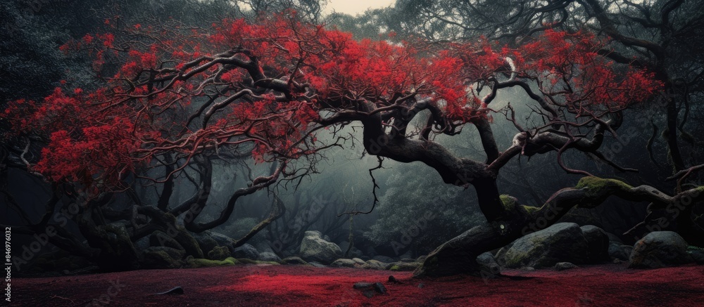 Poster red manzanita tree boldly contrasts with the cluttered woodland environment of rocks and trees. with