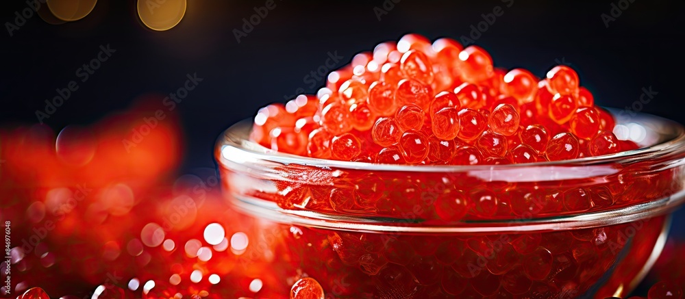 Poster Red beads gathered in a dish placed on a flat surface. with copy space image. Place for adding text or design