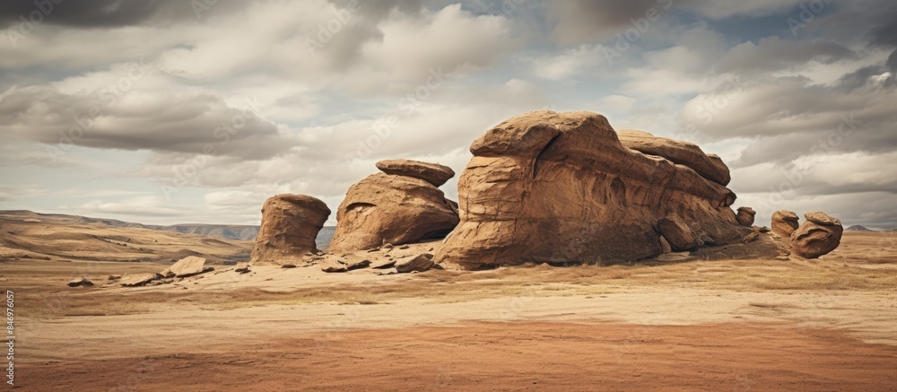 Aufkleber Rock formations scattered across the desert landscape under a cloudy sky creating a picturesque view. with copy space image. Place for adding text or design