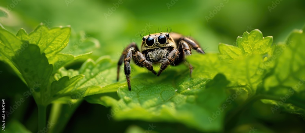 Aufkleber Tiny jumping spider in search of prey among the foliage. with copy space image. Place for adding text or design