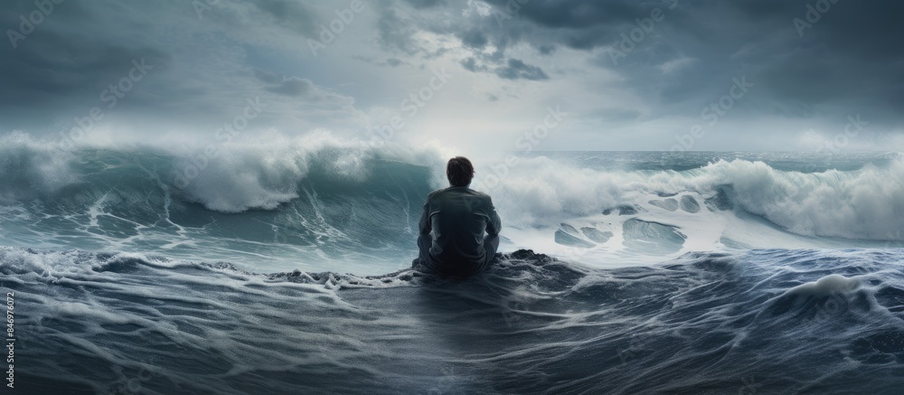 Poster A lone individual sits on a rock amid a massive wave in the ocean, showcasing the power of nature. with copy space image. Place for adding text or design