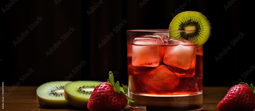 Leinwandbilder close-up of a tasty summer beverage featuring ice cubes, fresh strawberries, and kiwi slices. with c