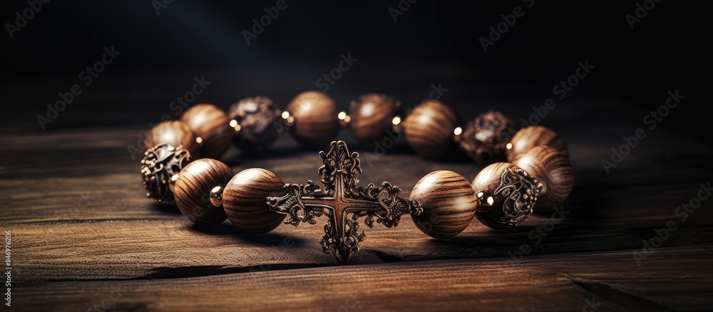 Poster rosary beads with a cross placed on a textured wooden table, symbolizing christian catholic beliefs.