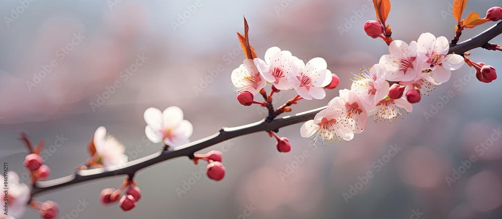 Fototapete beautiful plum flower blooming on a tree branch with pink petals. with copy space image. place for a