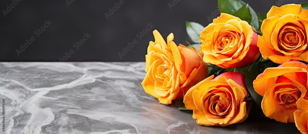 Poster Orange roses, a bunch of flowers, placed on a wooden table. with copy space image. Place for adding text or design