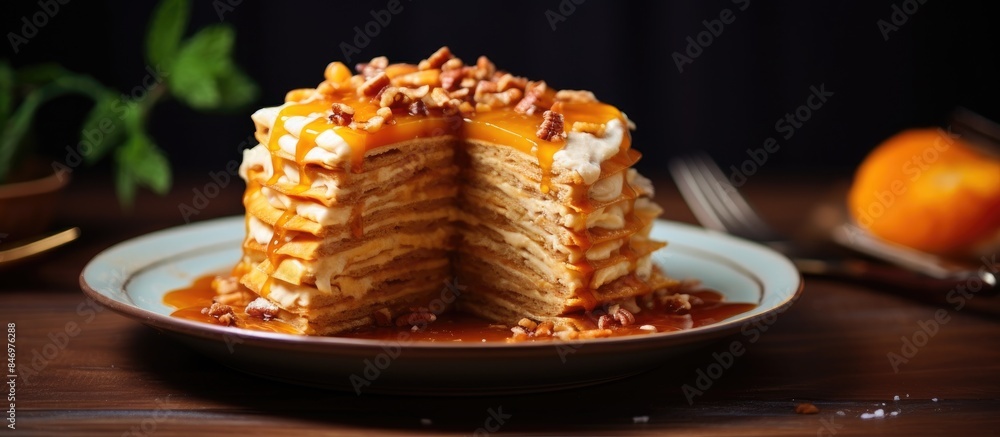 Fototapete a detailed shot of a dish with a portion already served. with copy space image. place for adding tex