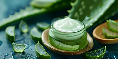 Closeup of skincare essentials aloe vera gel, shaving cream, serum, collagen peptides. Concept Skincare Essentials, Aloe Vera Gel, Shaving Cream, Serum, Collagen Peptides, Closeup Shots