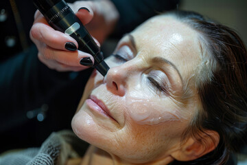 Aesthetician massages hyaluronic acid serum onto face of elderly womans with facial massager, eyes closed, looking relaxed during rejuvenating treatment
