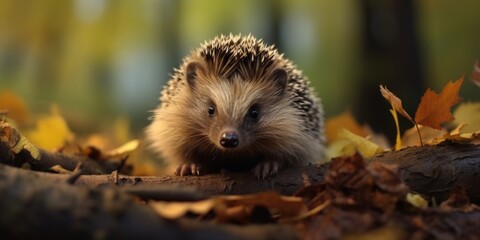 A hedge sits atop a pile of dry leaves, with the autumn foliage in the background
