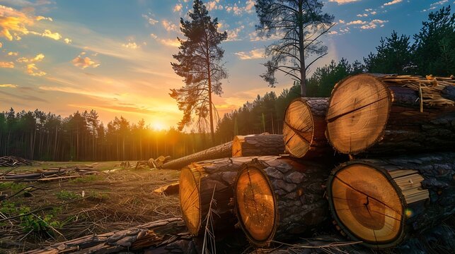 Felled tree against the sunset Cutting trees at forests area Stacks of cut wood Deforestation forest and Illegal logging Wood logs timber logging Destruction the environmetal and ecolo : Generative AI