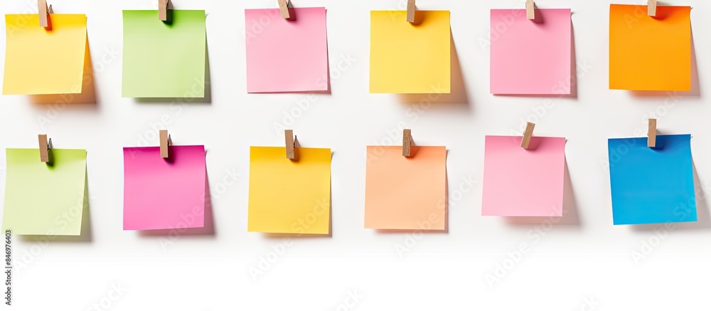 Fototapete colorful reminder notes are displayed on a clothesline against a white background. with copy space i