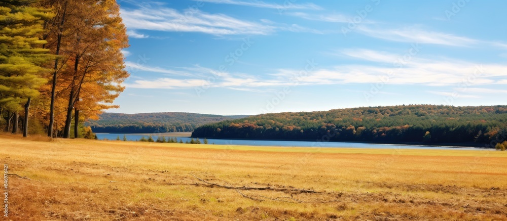 Poster A peaceful lake nestled in the center of an expansive grassy field, surrounded by scenic beauty. with copy space image. Place for adding text or design