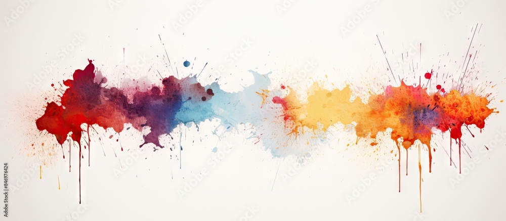 Poster Vibrant paint splatters in various colors across a blank white canvas. with copy space image. Place for adding text or design