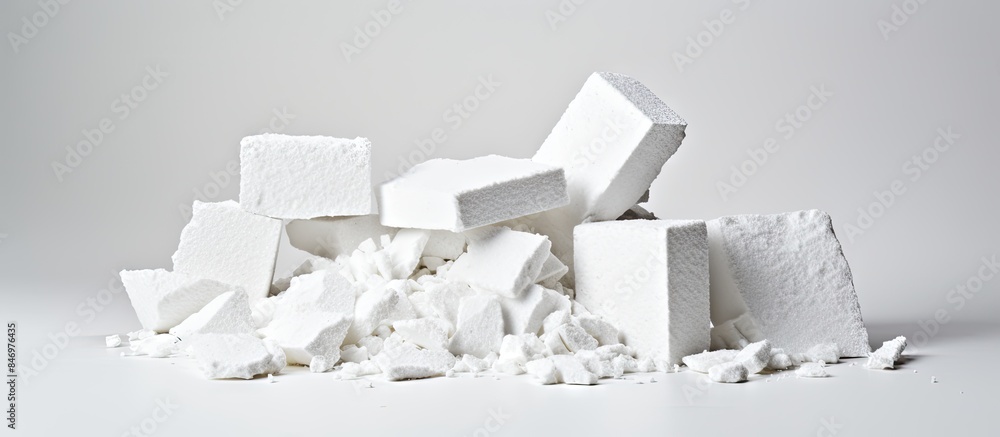 Fototapete a close-up view of a pile of pure white sugar cubes stacked neatly on a white tabletop. with copy sp