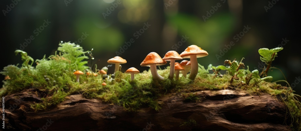 Aufkleber Mushrooms emerging from a log covered in vibrant green moss in a forest setting. with copy space image. Place for adding text or design