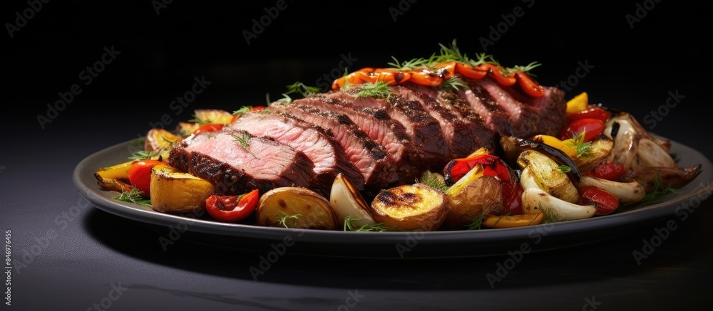 Fototapete Grilled beef slices served with an assortment of fresh, colorful vegetables on a plate. with copy space image. Place for adding text or design
