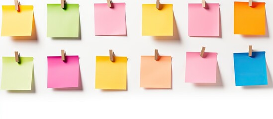 Colorful reminder notes are displayed on a clothesline against a white background. with copy space image. Place for adding text or design