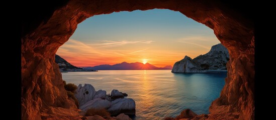 View of the sunset through a cave in the ocean with surrounding mountain bay. with copy space image. Place for adding text or design