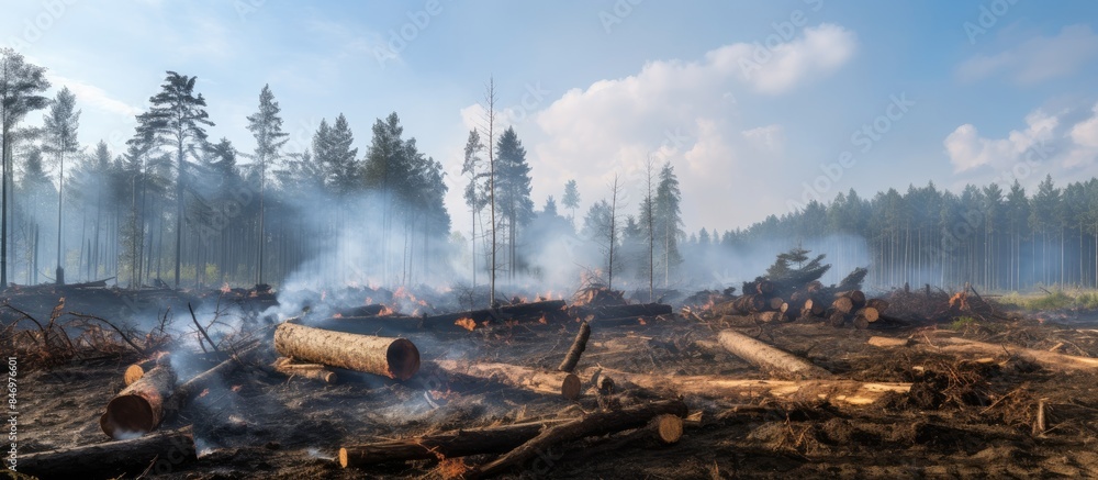 Leinwandbilder Forest being cleared for construction by burning fallen trees, creating a smoky atmosphere. with copy space image. Place for adding text or design