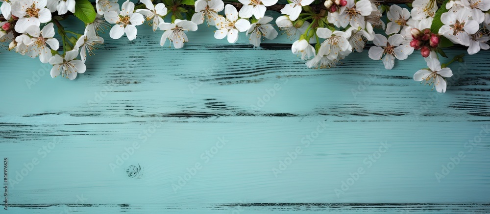 Poster Close-up of a cherry tree branch showcasing delicate white blossoms in full bloom. with copy space image. Place for adding text or design
