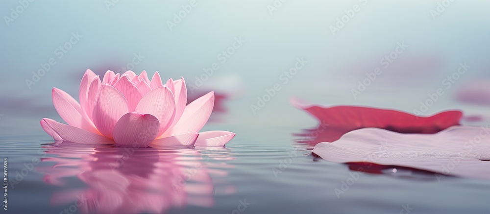Aufkleber Pink flower floating elegantly on the water surface, surrounded by vibrant green leaves creating a serene natural scene. with copy space image. Place for adding text or design