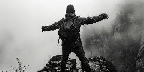 A person standing at the summit, arms outstretched, surrounded by nature