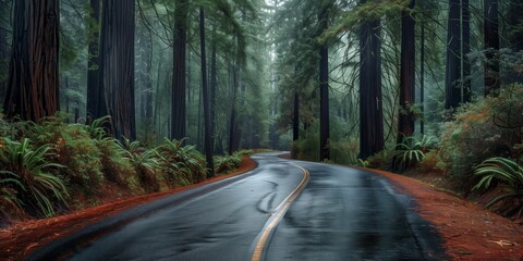 Naklejka premium Landscape Photography, Road Through Redwood Forest in Foggy Conditions