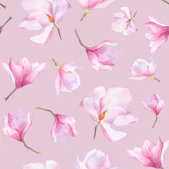 Watercolor magnolia seamless floral pattern For lilac wallpaper wrapping textile pastel pink print decoration postcard design Background Scrapbooking Botanical ornament Spring flower Bloom Bud © Daria Legotina