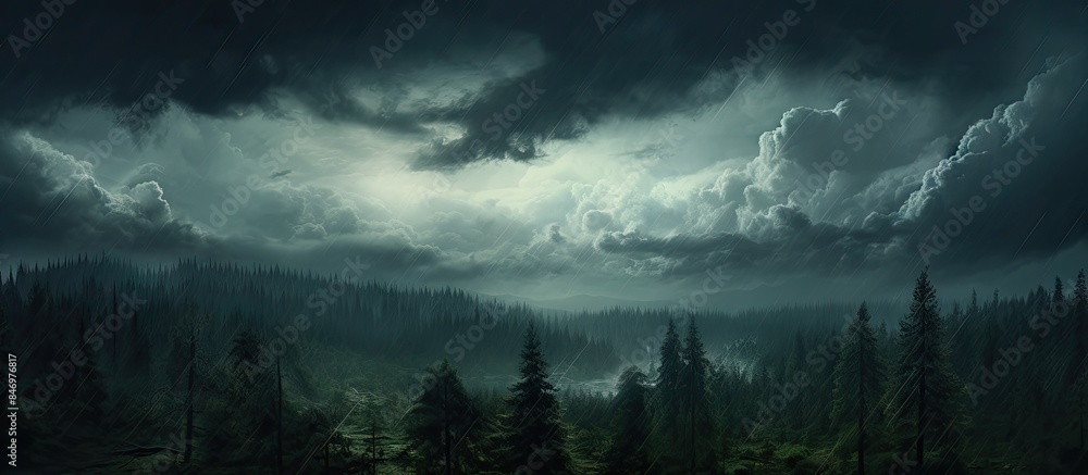 Aufkleber stormy atmosphere with cloudy skies casting shadows over a serene forest by a tranquil lake, set aga
