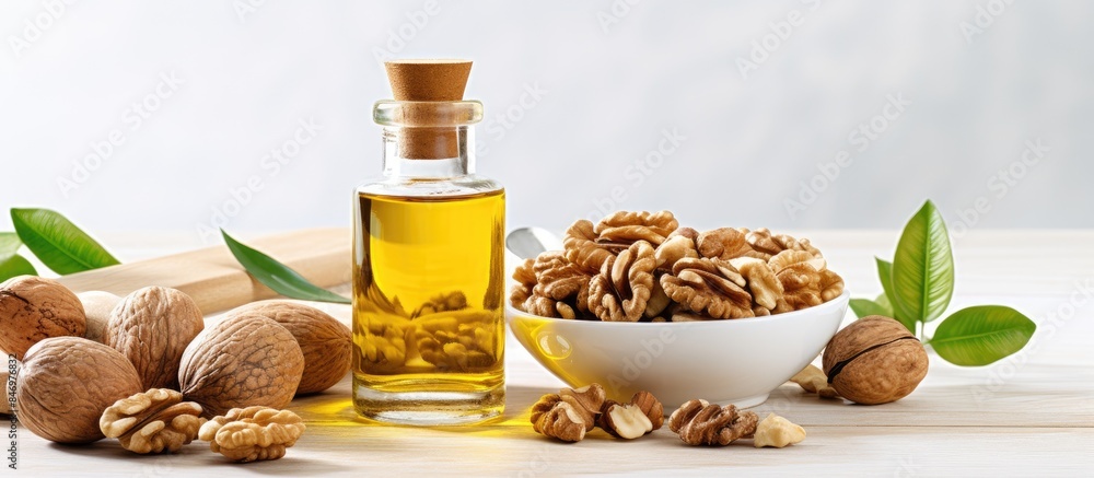 Leinwandbilder walnut oil in a bottle next to walnuts on a rustic wooden table, with kitchen ingredients and spices