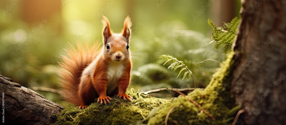 Poster Red squirrel with fluffy tail sitting on a tree branch in the lush forest habitat. with copy space image. Place for adding text or design