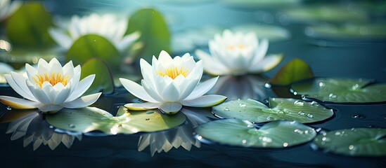 Floating peacefully on the pond, three delicate white water lilies and a pristine white lotus flower blooming above the water's surface. with copy space image. Place for adding text or design