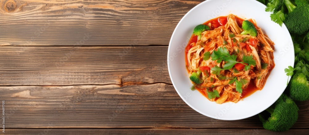 Poster close-up of a dish including broccoli and tomatoes, creating a colorful and healthy meal. with copy 