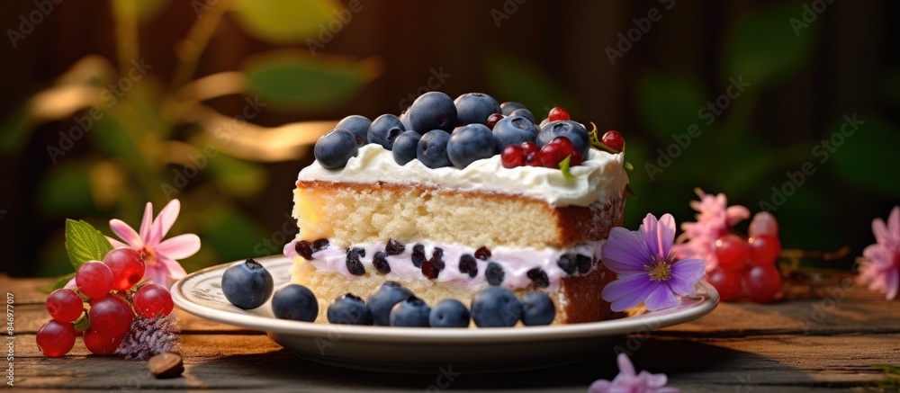 Fototapete homemade blueberry cake slice topped with juicy blueberries arranged on a plate. with copy space ima