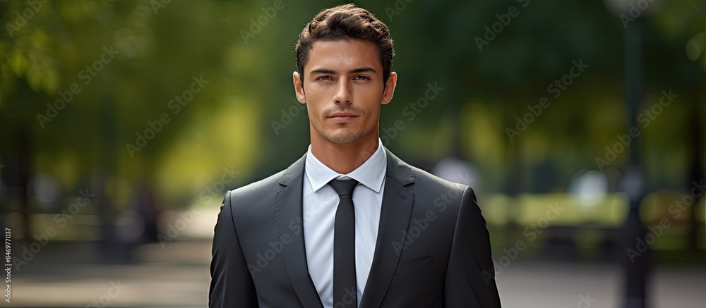 Poster a well-dressed man wearing a suit and tie is standing in a serene park, embodying the epitome of a s