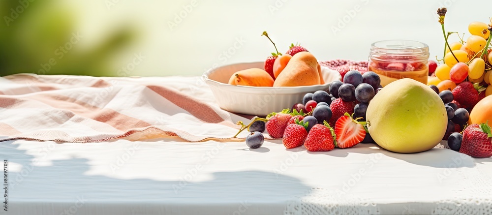 Leinwandbilder Assorted fruits displayed on a table with a clean white cloth, perfect for a summer picnic. with copy space image. Place for adding text or design