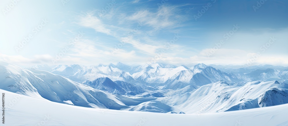 Poster Snow-covered mountains in a winter landscape with a backdrop of a serene blue sky and fluffy clouds. with copy space image. Place for adding text or design