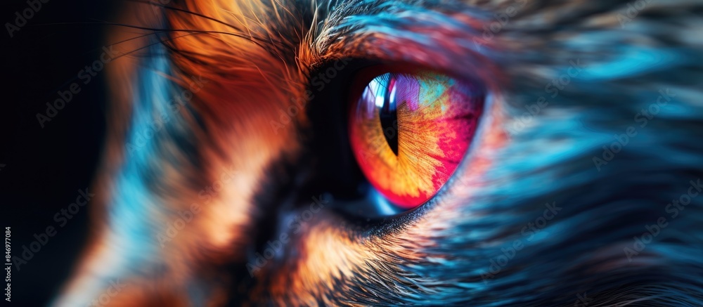 Fototapete Fascinating macro shot capturing the intricate details of a cat's eye exhibiting a vibrant rainbow-colored iris. with copy space image. Place for adding text or design