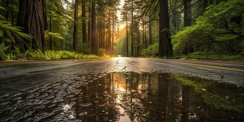 Obraz premium Landscape Photography, Wet Asphalt Road Edge in Forest with Sunlight