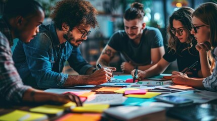 A diverse team of young professionals collaborates on a project, brainstorming ideas and working together in a modern office setting.