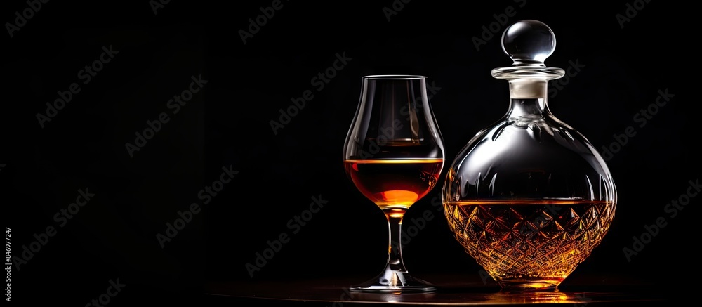 Poster Glass containing wine next to a decanter placed on a tabletop. with copy space image. Place for adding text or design