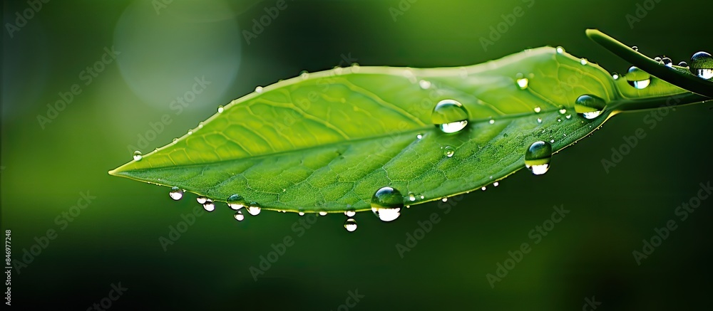 Aufkleber morning dew droplet hanging on a leaf captured in close up detail. with copy space image. place for 